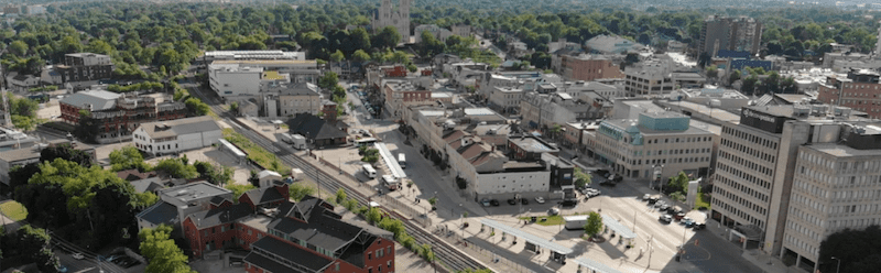 Downtown Guelph city aerial view.