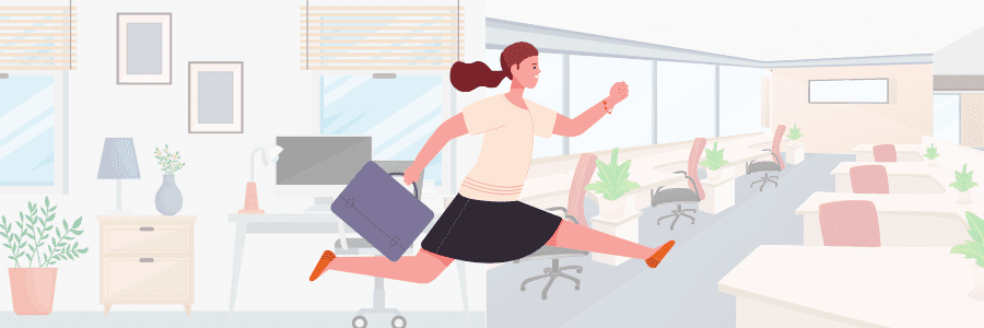 A lady leaping from her home office to her remote hybrid work location.