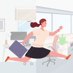 A woman leaping from her home office to her work office with a briefcase