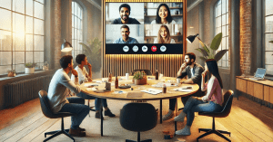 a group of coworkers joining around a table and conference screens for a meeting