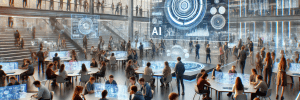 A futuristic learning environment: A scene showing a diverse group of people working together in a modern, digital space with AI tools present, such as holograms, interactive screens, or virtual reality settings. This could highlight the blend of technology and human collaboration in learning.