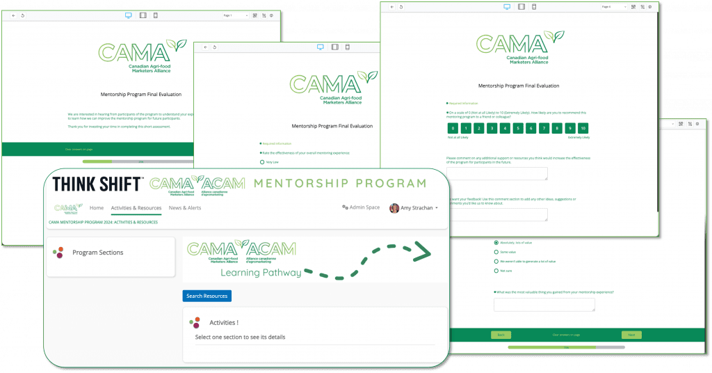 screen shots of CAMA evaluation survey and platform group home page