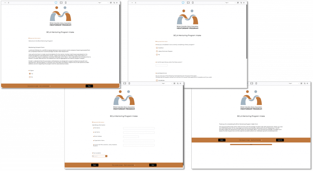 screen shot images of the BCLA mentoring program intake form