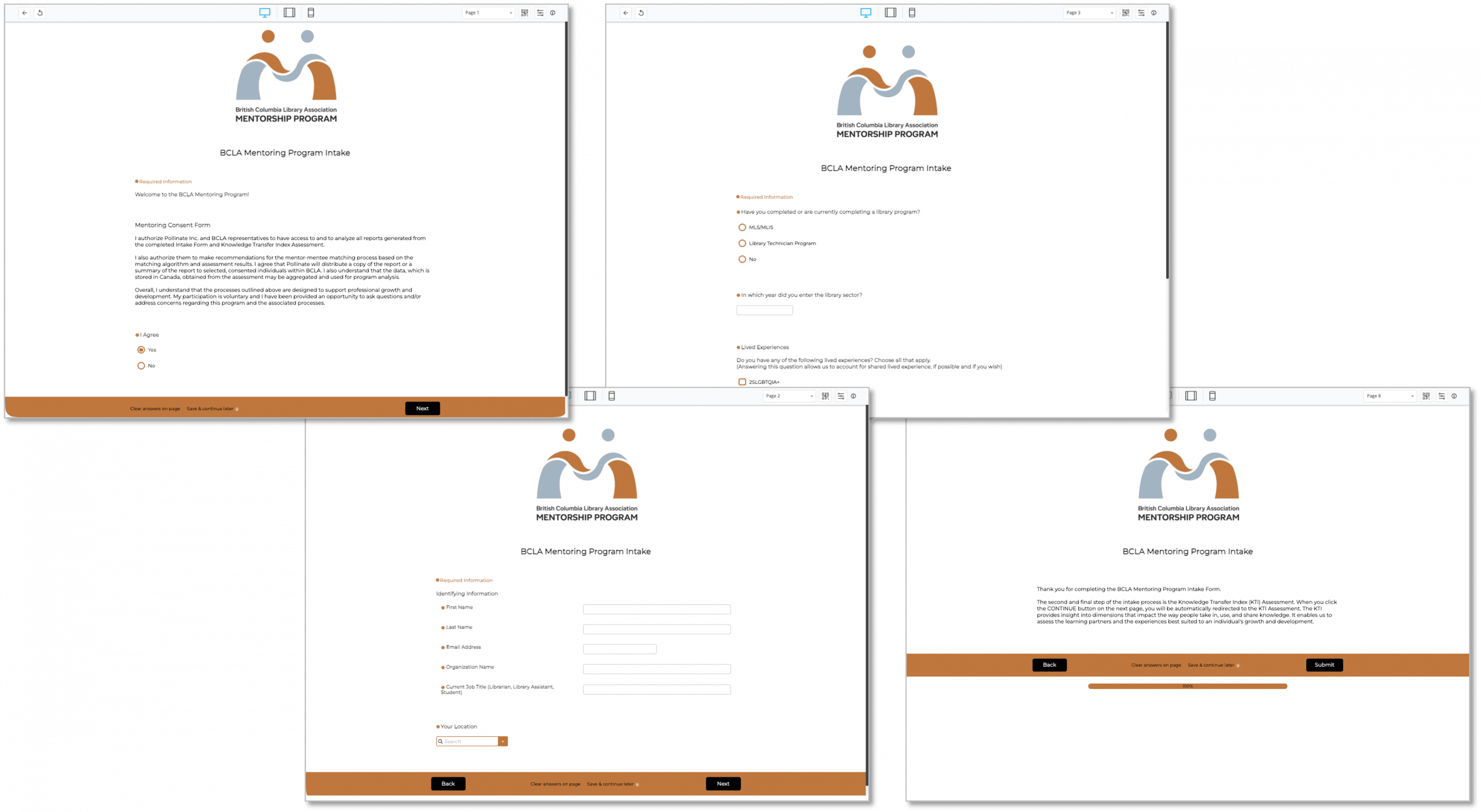 screen shot images of the BCLA mentoring program intake form