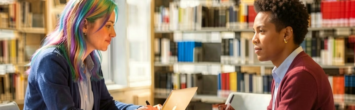 2 people sitting at a table in a library