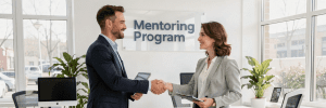 a man and a woman shaking hands in front of a Mentoring Program sign in an office mentor recruitment