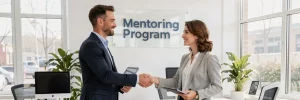 a man and a woman shaking hands in front of a Mentoring Program sign in an office mentor recruitment