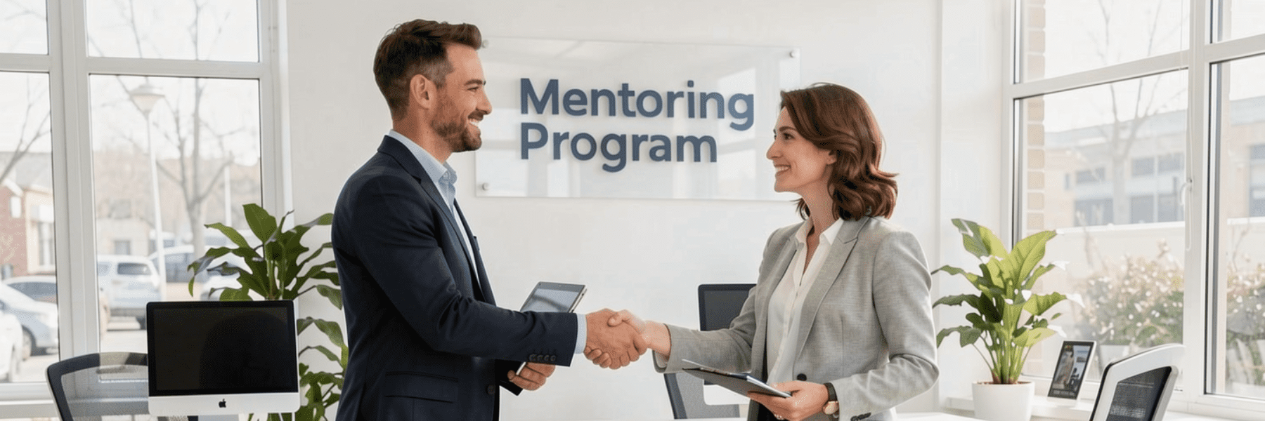 a man and a woman shaking hands in front of a Mentoring Program sign in an office mentor recruitment