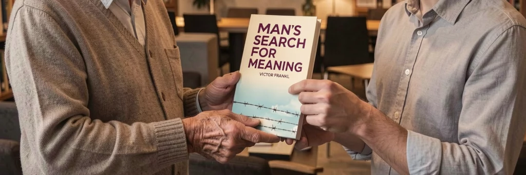 image of an older man giving a copy of a book to a younger man