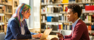 two people talking at a table in a library with books in the background