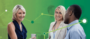 3 people talking against a green background with a network graphic