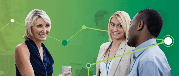 3 people talking against a green background with a network graphic