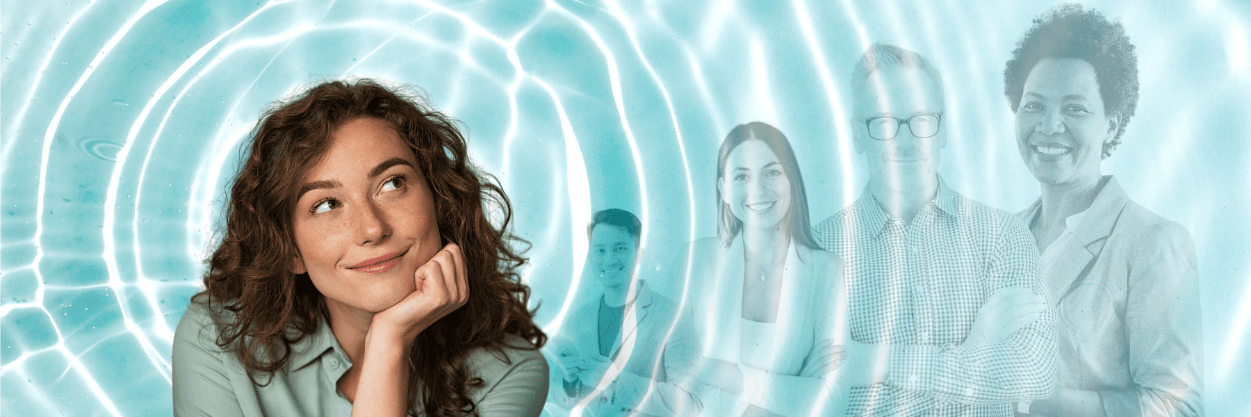 a woman thinking with the ripples of water expanding out over 4 different people.