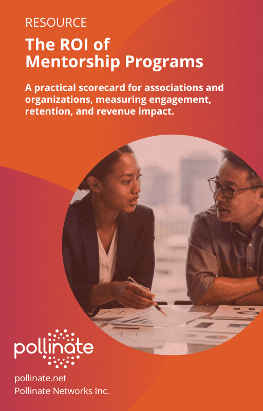 cover of the ROI for mentorship programs guidebook, 2 people talking at a desk