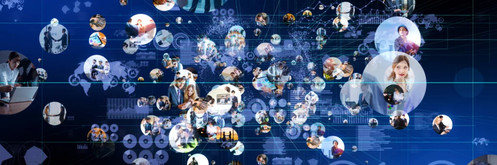 an assortment of circles with people and objects on a blue background representing a network of items