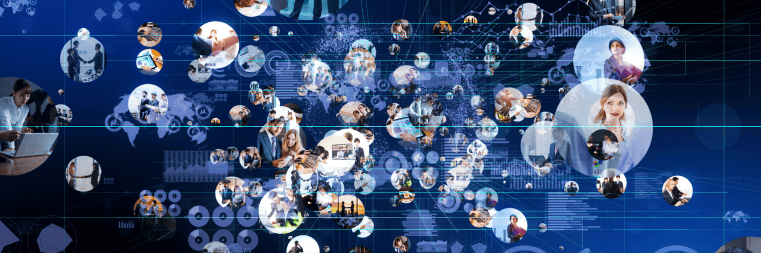 an assortment of circles with people and objects on a blue background representing a network of items