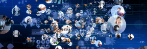 an assortment of circles with people and objects on a blue background representing a network of items